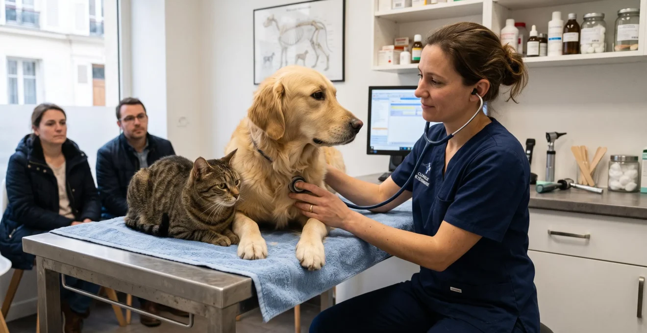 Chien et chat examinés dans un cabinet vétérinaire